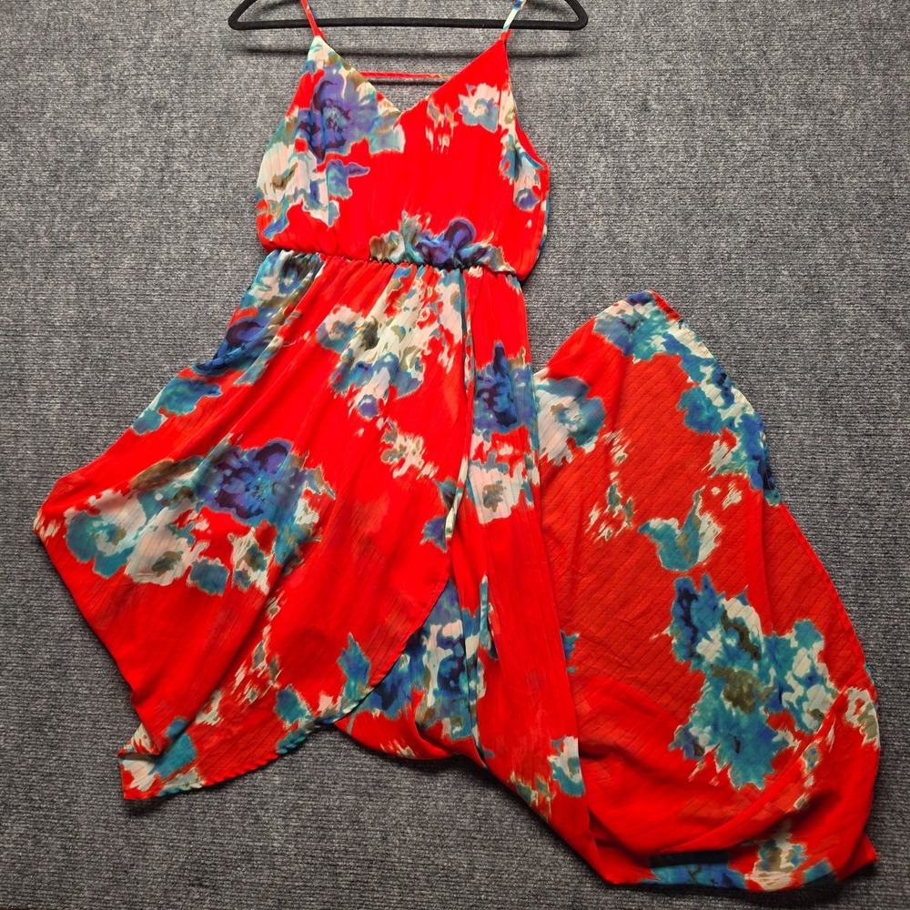 Sienna Sky Floral High Low Crossover Maxi Dress M Red Watercolor Beachy Boho